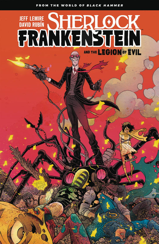Cover of the comic book 'Frankenstein: The Legion of Evil' featuring a stylized artwork of a character in a suit with a backdrop of a chaotic superhero battle scene.