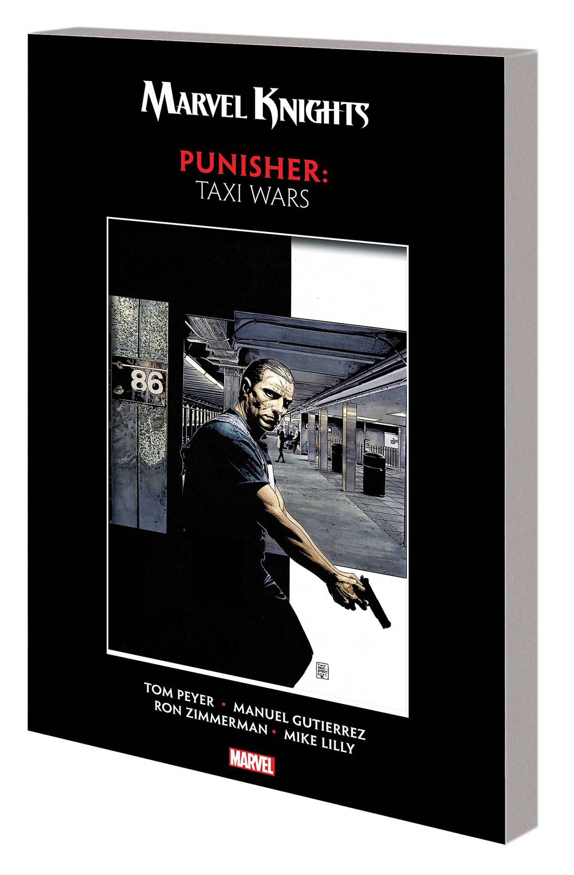 Cover of the comic book 'Punisher: Taxi Wars' featuring a black and white image of a man with a gun, presumably the Punisher, in a taxi depot.
