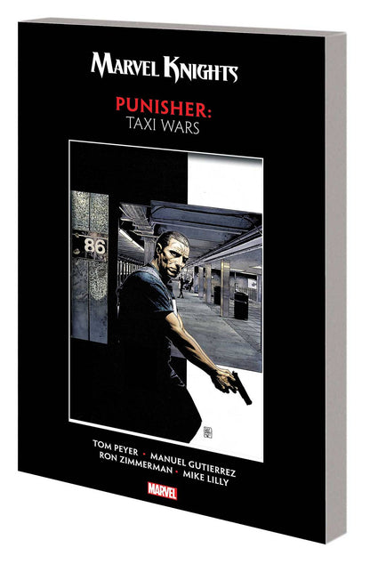 Cover of the comic book 'Punisher: Taxi Wars' featuring a black and white image of a man with a gun, presumably the Punisher, in a taxi depot.