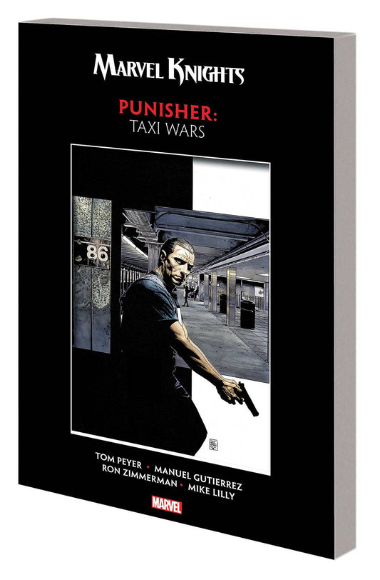 Cover of the comic book 'Punisher: Taxi Wars' featuring a black and white image of a man with a gun, presumably the Punisher, in a taxi depot.