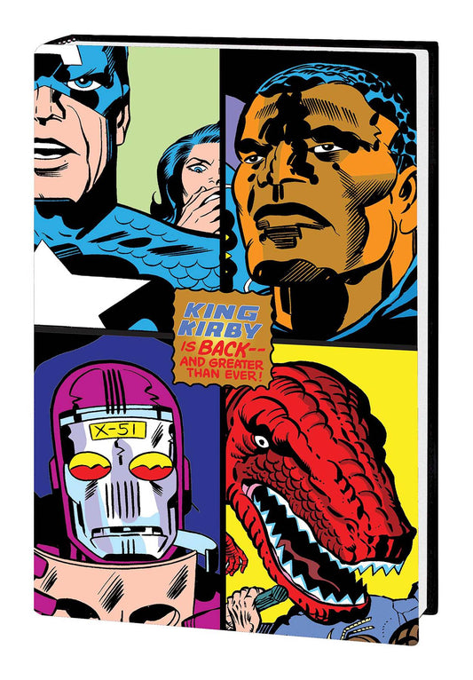 Cover of the graphic novel 'Kirby Returns: King-Size HC' featuring a collage of various Kirby characters, including a superhero in a Captain America costume, a Black Panther, a Machine Man, a Devil Dinosaur, and a Moon Boy.