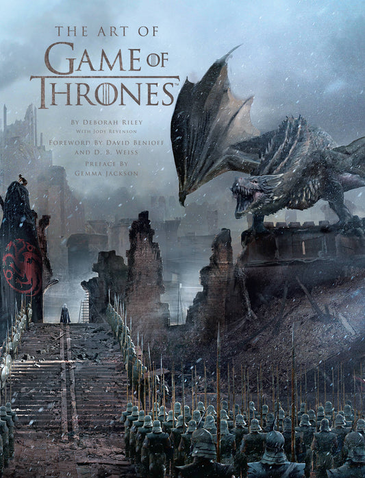 Cover of the book 'The Art of Game of Thrones' featuring a dark, dramatic illustration of a dragon in a ruined cityscape, symbolizing the fantasy world of the show.