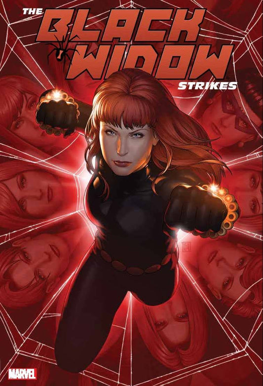 Cover of 'Black Widow Strikes Omnibus HC' featuring an illustration of the character Black Widow in a dynamic action pose with a red and dark tones palette.