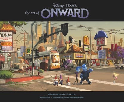 Cover of 'The Art of Onward' book featuring colorful illustrations of characters and a cityscape reminiscent of the Disney Pixar movie 'Onward'.
