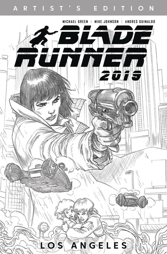 Cover of 'Blade Runner 2019 TP Vol 01 Artist Edition' featuring a black and white illustration of a female character holding a gun, with a background suggesting a rain-soaked cityscape.