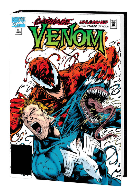 Cover of the 'VENOMNIBUS HC VOL 01 WILDMAN DM VAR NEW PTG' featuring a close-up of the character Venom in a dynamic pose with other characters in the background.