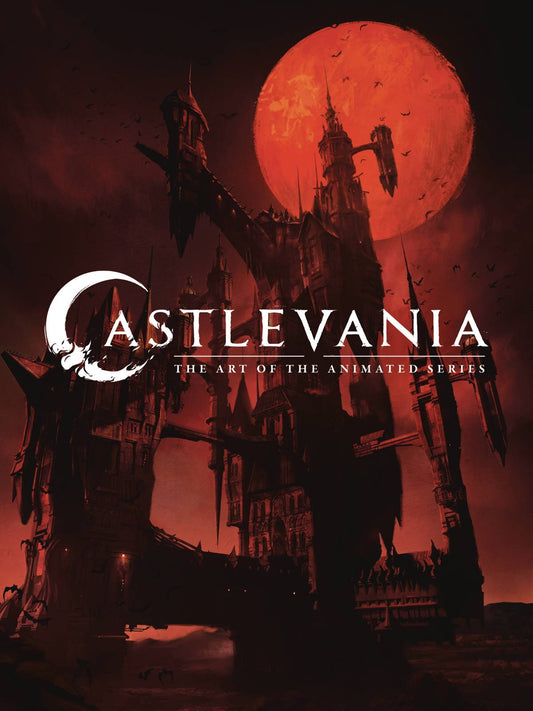 Cover of the book 'Castlevania: The Art of the Animated Series' featuring a dark, gothic castle under a red moon, with the name 'Castlevania' prominently displayed.