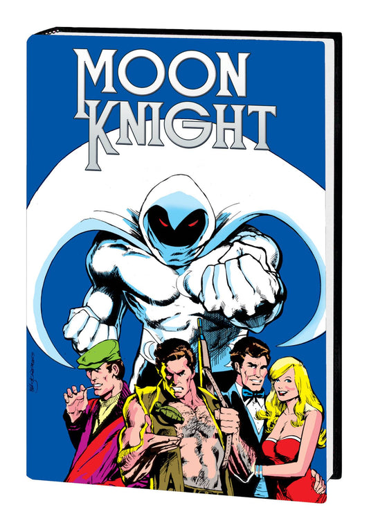 Cover of the 'Moon Knight Omnibus Vol. 1' featuring a stylized illustration of the character Moon Knight with a background of multiple characters and a moon motif.