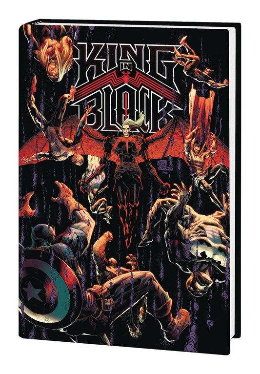 Cover of the 'King in Black' omnibus book featuring a dramatic image with multiple characters and a central character in a red costume with a striking pose.