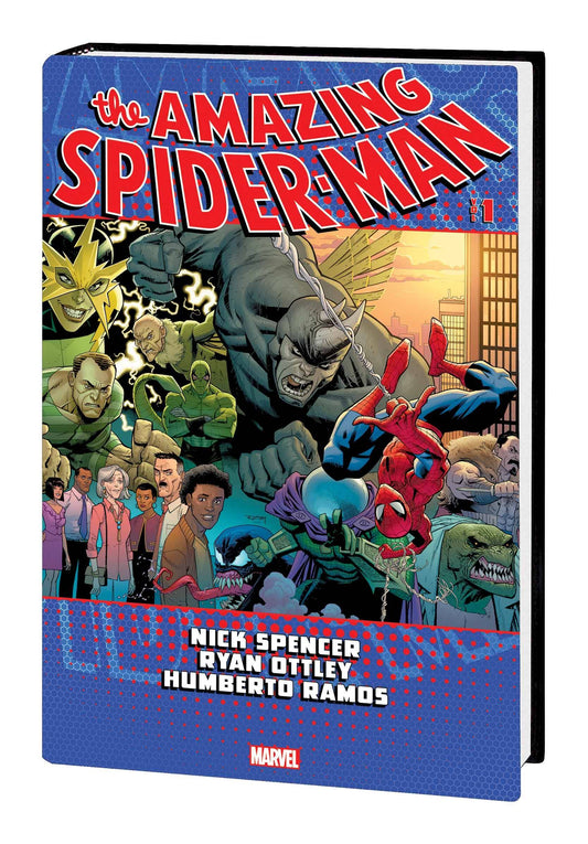 Cover of 'Amazing Spider-Man by Spencer Omnibus HC Vol 01 DM VAR' featuring a vibrant illustration of Spider-Man in action with multiple supporting characters and a dynamic background.