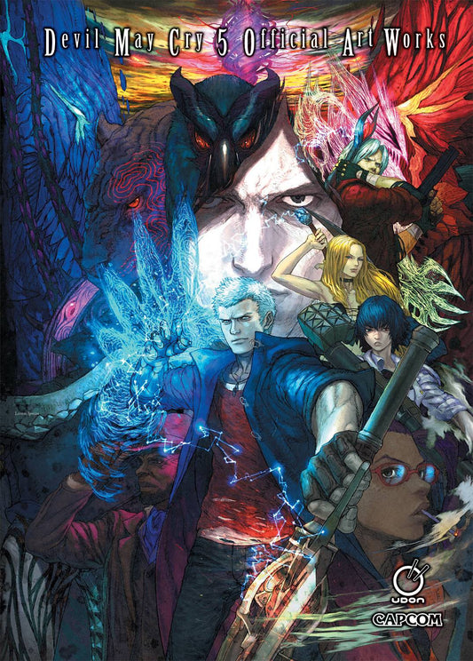 Cover art for 'DEVIL MAY CRY 5 OFFICIAL ARTWORKS HC' featuring various characters and artistic renderings related to the game Devil May Cry 5.