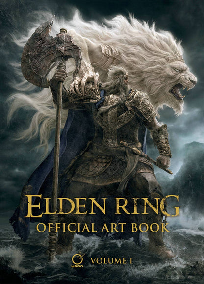 Cover of the 'ELDEN RING OFFICIAL ART BOOK HC VOL 01' featuring a character in armor holding a sword, with a dramatic sky and magical elements in the background.