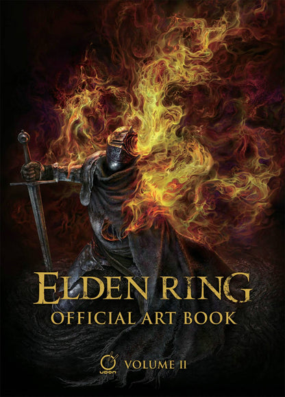 Cover of the 'ELDEN RING OFFICIAL ART BOOK HC VOL 02' featuring a stylized illustration of a character in a fantasy setting with a fiery background.
