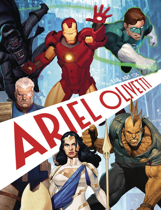 Cover of 'The Art of Ariel Olivetti' book featuring a collage of various comic book characters illustrated by Ariel Olivetti, with the artist's name prominently displayed.