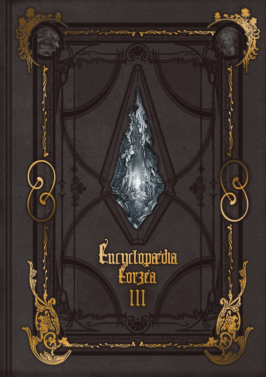 Cover of the 'ENCYCLOPAEDIA EORZEA WORLD OF FINAL FANTASY XIV HC VOL 03' book featuring dark and light illustration elements, with a large, ornate door in the background.