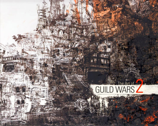 Cover art for 'The Art of Guild Wars 2' featuring a stylized, dark and moody illustration of a cityscape with skyscrapers and a large, looming structure.