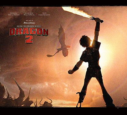 Cover of the book 'The Art of How to Train Your Dragon 2' featuring a stylized illustration of a character from the movie, with a background of a fiery sky and a silhouette of a dragon in the distance.