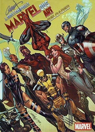Cover of the 'J Scott Campbell Marvelous Art Reloaded Sketch Art Book' featuring a colorful illustration of various superhero characters.