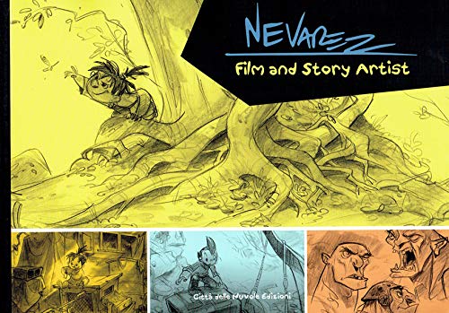 A promotional image featuring a sketchbook-style cover design with various doodles and sketches, predominantly in yellow and blue tones, representing the work of John Nevarez, an animation artist.