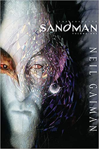 Cover of 'The Absolute Sandman, Volume 1' featuring a stylized, artistic depiction of a face with abstract, geometric elements and text.